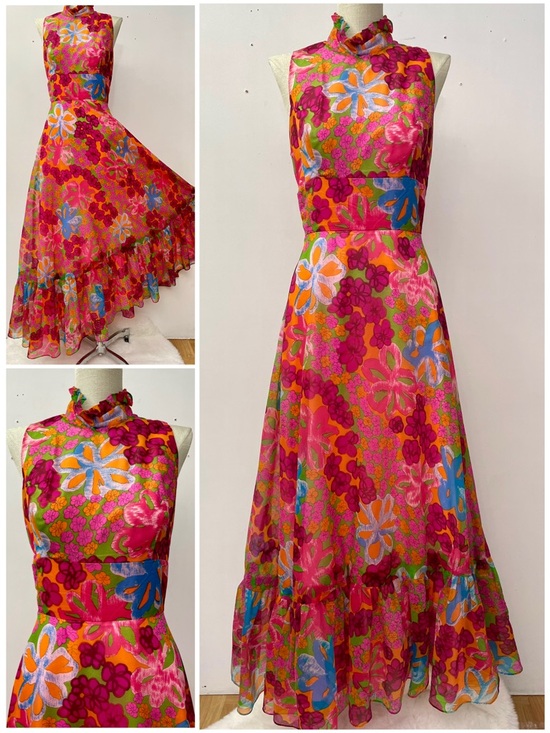 Vintage Dresses & Skirts - Vintage 60s flower power psychedelic A-Line sweep dress size S/M chiffon halter